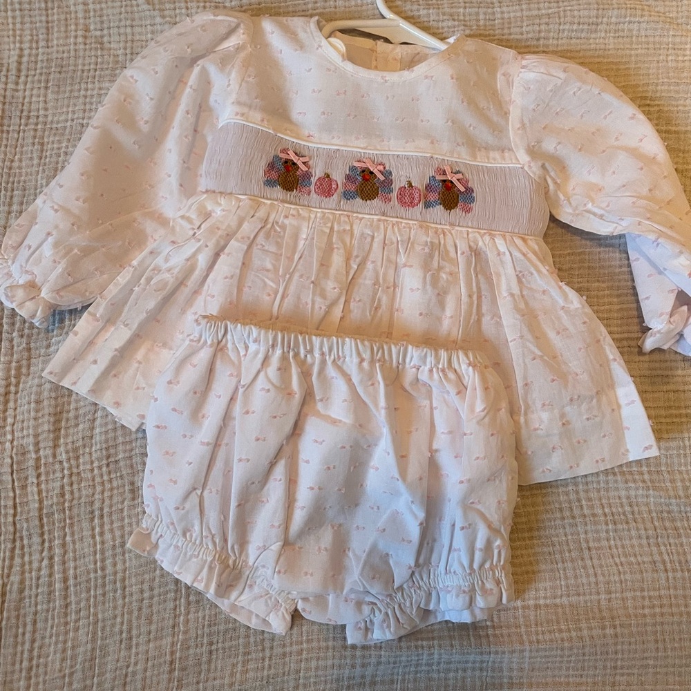 Cecil and Lou smocked Thanksgiving turkey embroidered set Swiss dot